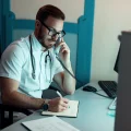 Médico atendendo o telefone enquanto escreve numa agenda. A luz da tela do computador é perceptível, o que indica que esse profissional está fazendo mais de uma tarefa ao mesmo tempo, e precisa de ferramentas de Inteligência Artificial para auxiliá-lo nos atendimentos.