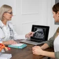 Imagem de médico explicando para paciente resultados de exame de ultrassonografia transvaginal.