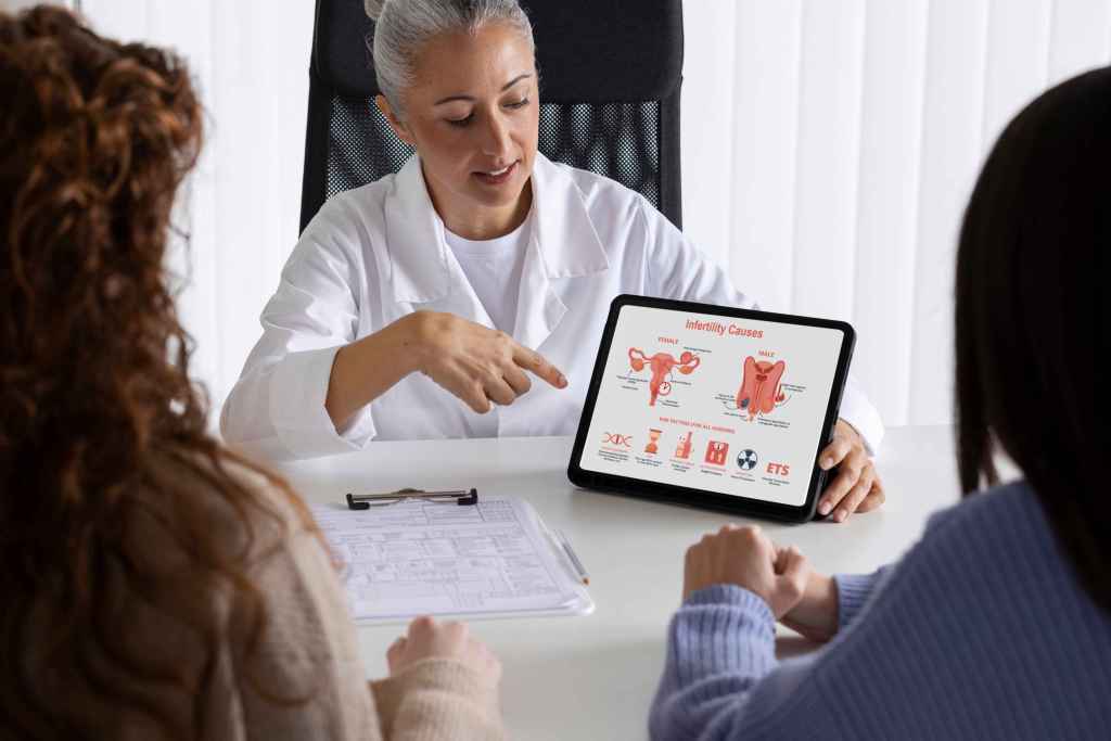 M&eacute;dica em consult&oacute;rio aponta para um tablet com ilustra&ccedil;&atilde;o sobre causas de infertilidade, explicando o conte&uacute;do a duas alunas sentadas &agrave; sua frente.