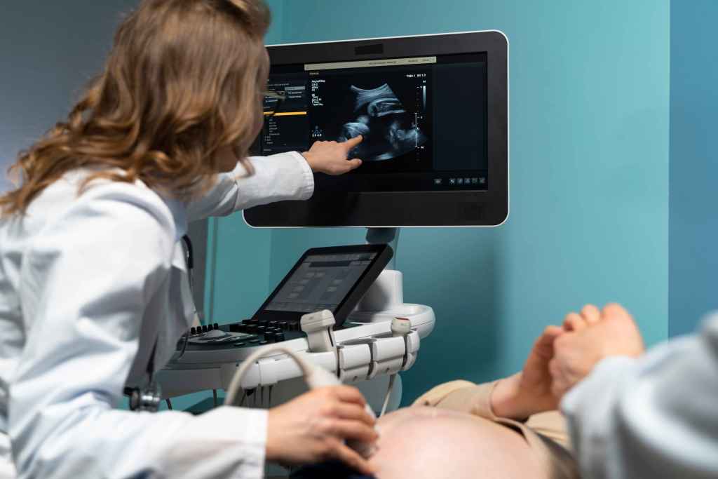 Mulher gr&aacute;vida deitada em maca realiza exame de ultrassom enquanto m&eacute;dica aponta para a imagem do beb&ecirc; exibida no monitor do aparelho.